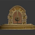 Architectural Model with Arched Wooden Door Ornate Carvings on Circular Stone Base