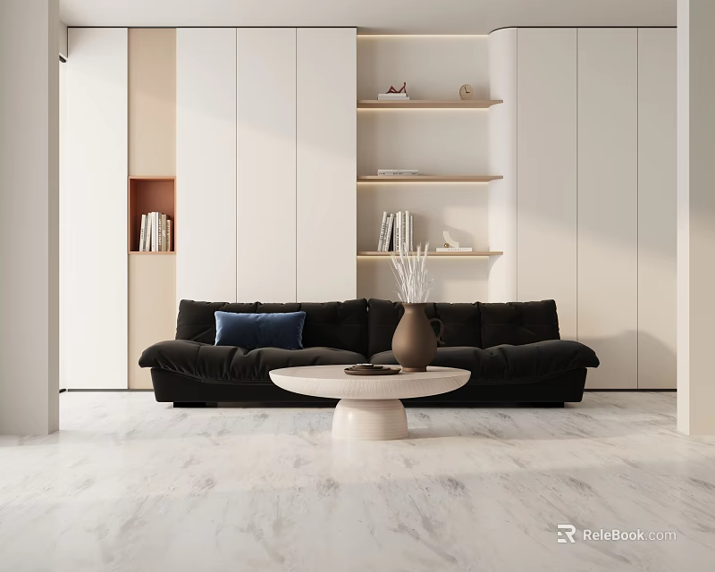 Modern Living Room Interior With Black Three-Seater Sofa And White Round Coffee Table 3d model 