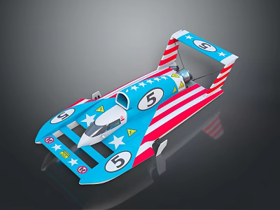 Streamlined Blue Red White Racing Speedboat With Star Stripe Pattern And Number 5 3d model
