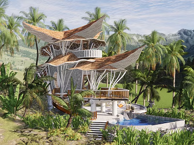Tropical Villa With Layered Pagoda Roof Palm Trees Pool And Scenic Mountain Views 3d model