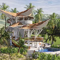 Tropical Villa With Layered Pagoda Roof Palm Trees Pool And Scenic Mountain Views