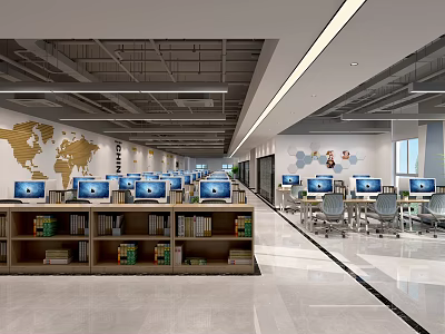 Spacious Modern Public Office Space With Computers Bookshelves And World Map Decor 3d model