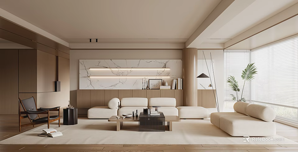 Modern Minimalist Living Room Interior With Beige Sofas Marble Accent Wall And Wooden Elements 3d model 
