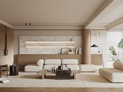 Modern Minimalist Living Room Interior With Beige Sofas Marble Accent Wall And Wooden Elements 3d model
