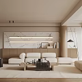 Modern Minimalist Living Room Interior With Beige Sofas Marble Accent Wall And Wooden Elements