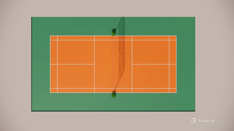 Indoor Badminton Court With Orange Surface Green Surroundings Net Rackets And Shuttlecocks 3d model 