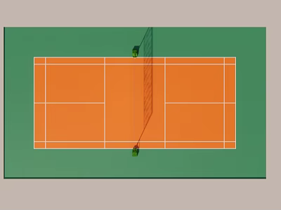 Indoor Badminton Court With Orange Surface Green Surroundings Net Rackets And Shuttlecocks 3d model