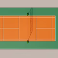 Indoor Badminton Court With Orange Surface Green Surroundings Net Rackets And Shuttlecocks