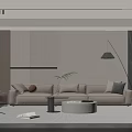 Modern Living Room Interior With Beige Sofa Brown Armchair Round Coffee Table And Striped Rug