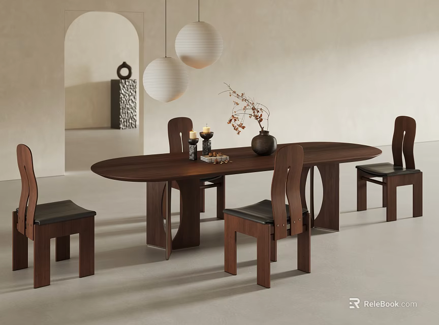 Modern Minimalist Dining Table Set with Oval Wooden Table Four Chairs and Pendant Lights Decor 3d model 