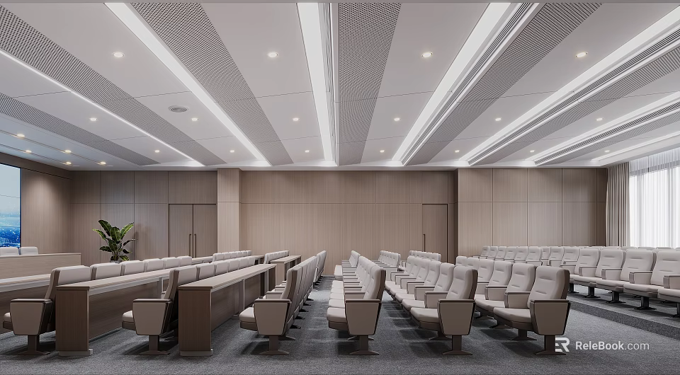 Modern Conference Room Interior Design With Wooden Walls Long Table Ceiling Light Strips And Seats 3d model 