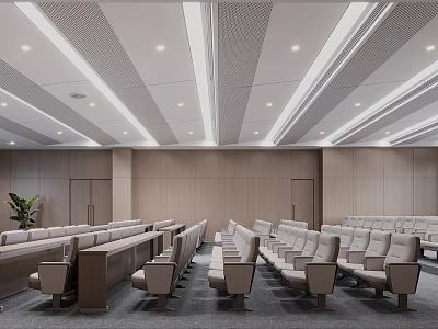 Modern Conference Room Interior Design With Wooden Walls Long Table Ceiling Light Strips And Seats 3d model