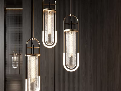Modern Pendant Lights With Glass Shades And Metal Frames Hanging In Wooden Interior 3d model