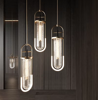 Modern Pendant Lights With Glass Shades And Metal Frames Hanging In Wooden Interior 3d model