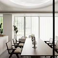 Modern Dining Living Room With Natural Light Large Windows Blinds Round Table And Wicker Chairs