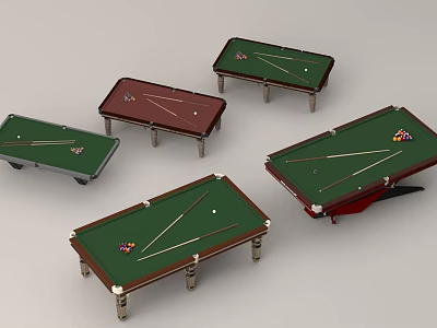 Various Billiard Tables With Green Brown Tops Cues And Balls For Game Room 3d model