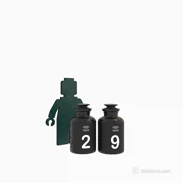 Decorative Set With Green Human Shaped Ornament Two Black Jars Numbers 2 And 9 3d model 