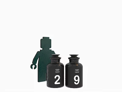 Decorative Set With Green Human Shaped Ornament Two Black Jars Numbers 2 And 9 3d model
