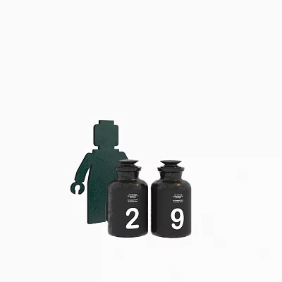 Decorative Set With Green Human Shaped Ornament Two Black Jars Numbers 2 And 9 3d model