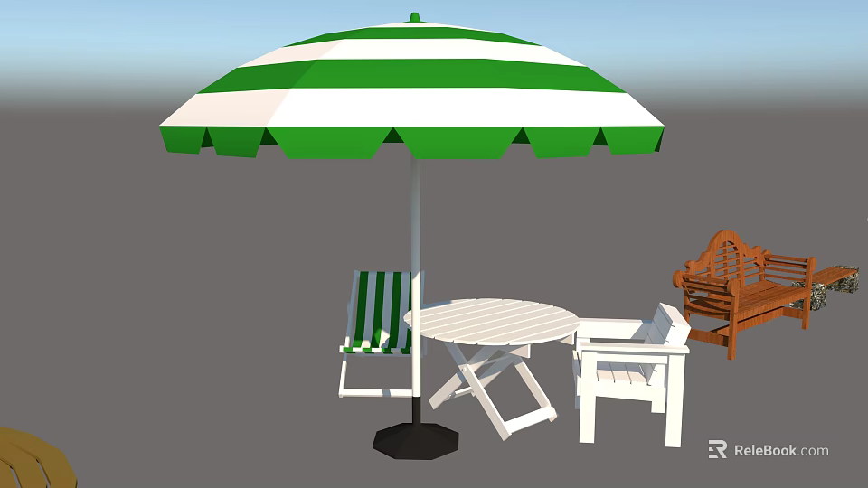 Outdoor Table And Chair Set With Green White Striped Umbrella Round Table And Chairs 3d model 