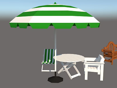 Outdoor Table And Chair Set With Green White Striped Umbrella Round Table And Chairs 3d model