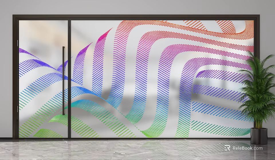Modern Glass Room Divider With Colorful Wave Striped Pattern For Interior Design 3d model 