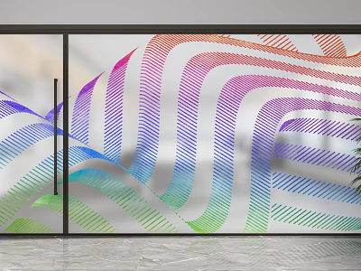 Modern Glass Room Divider With Colorful Wave Striped Pattern For Interior Design 3d model