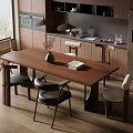 Modern Dining Room Interior With Wooden Table Chairs Kitchen Cabinets And Natural Light