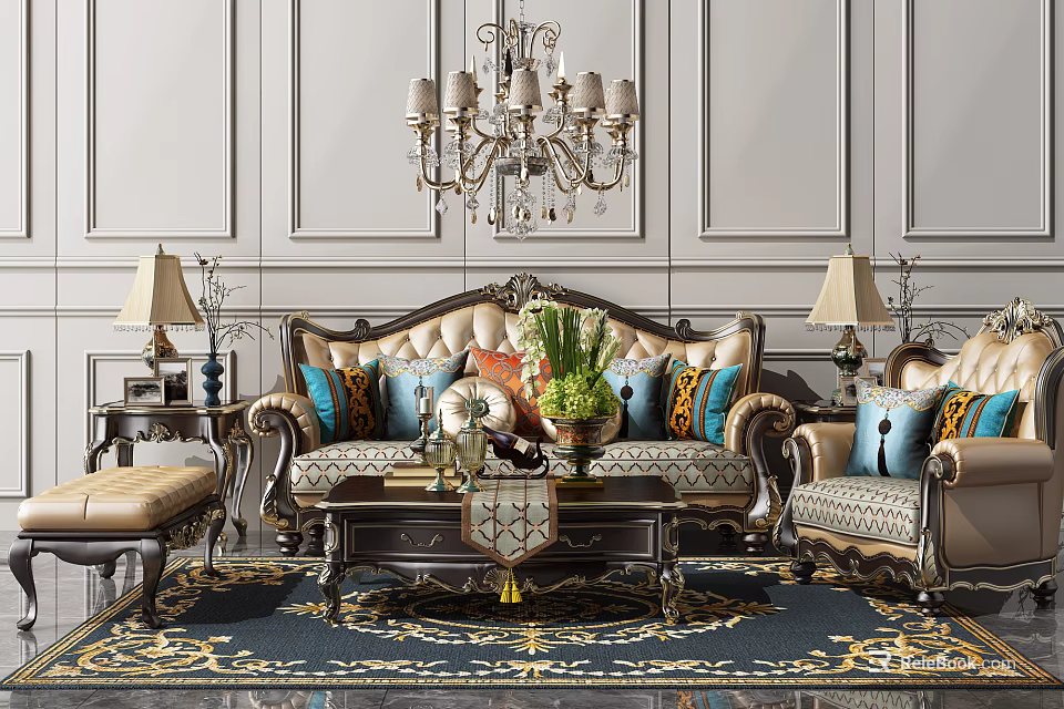 Elegant Classic Living Room Sofa And Coffee Table Set With Chandelier Pillows And Area Rug 3d model 