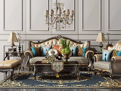 Elegant Classic Living Room Sofa And Coffee Table Set With Chandelier Pillows And Area Rug 3d model