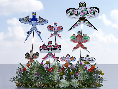 Colorful Kite Decorated Photo Spot With Various Shapes And Flower Bushes 3d model