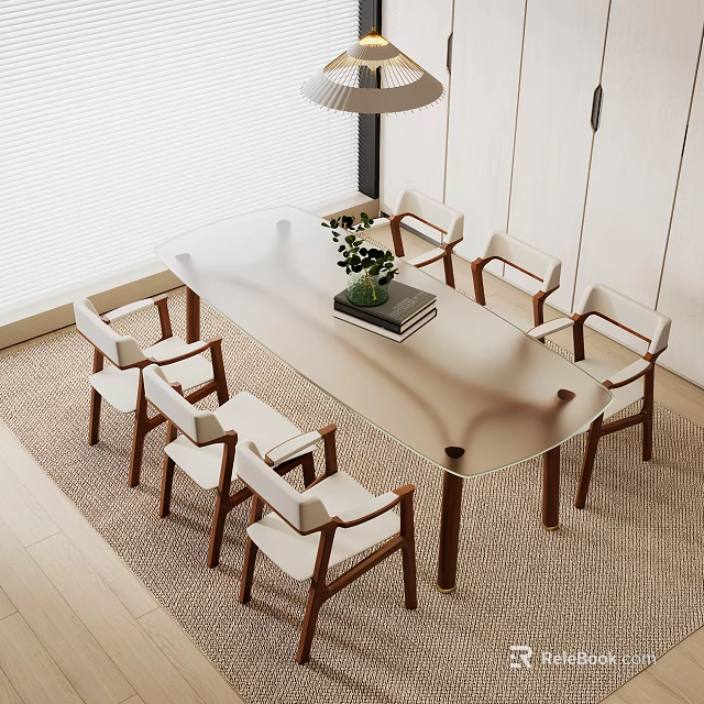 Modern Rectangular Glass Top Dining Table Set With Six Wooden Frame White Cushion Chairs 3d model