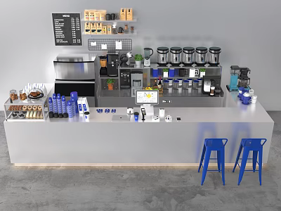 Commercial Coffee Shop Bar Equipment With Coffee Machines Canisters And Cash Register 3d model