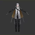 Character Model With White Hair Black White Outfit Brown Cloak Swords Waist Arms Outstretched