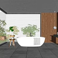 Modern Bathroom Interior Featuring White Bathtub Wooden Accents And Large Window Plants