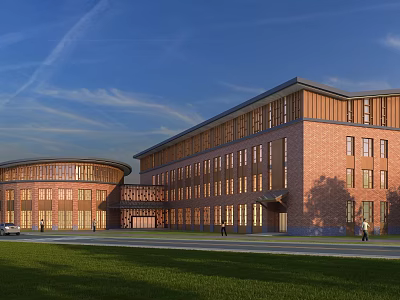 Modern Red Brick Office Building With Circular And Rectangular Design Front Lawn And Blue Sky 3d model