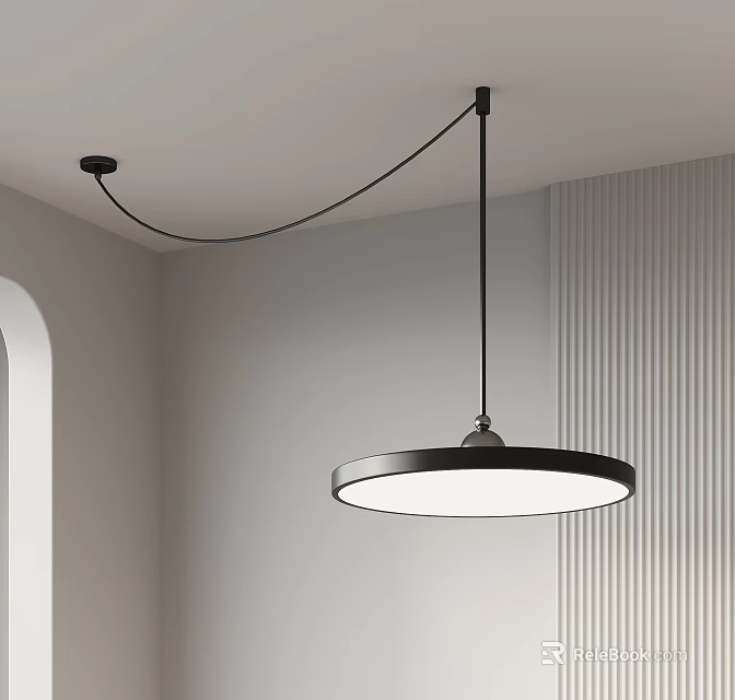 Modern Round Pendant Light With Black Metal Frame And White Lampshade In Minimalist Interior 3d model 