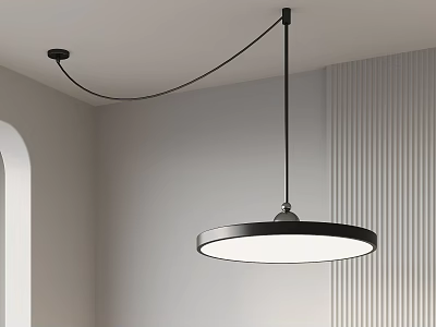 Modern Round Pendant Light With Black Metal Frame And White Lampshade In Minimalist Interior 3d model