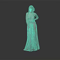 Woman In Long Beige Dress Standing Elegantly With Gray Background And Reflective Floor