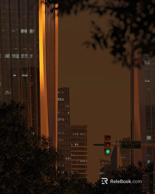 Modern Urban Office Building With Evening Lights Trees And Green Traffic Light 3d model 