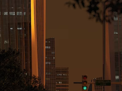 Modern Urban Office Building With Evening Lights Trees And Green Traffic Light 3d model
