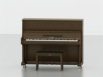 Brown Upright Piano Musical Instrument With Wooden Stool And Classic Style 3d model