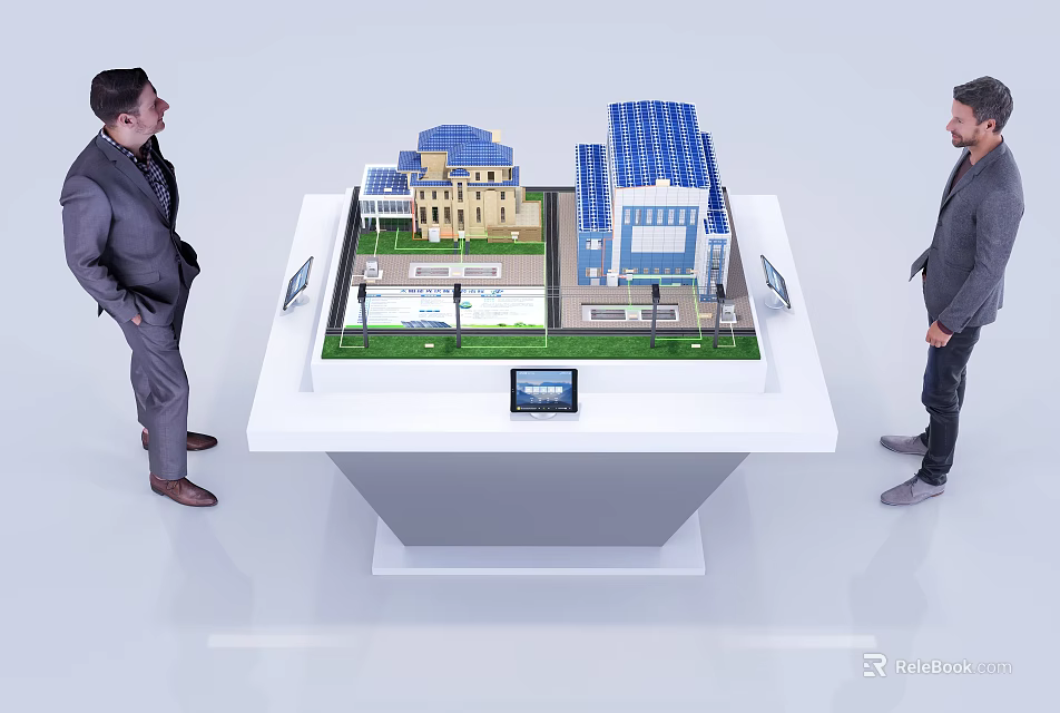 Two Men Examining Architectural Models On Display Table With Tablets And Screen 3d model