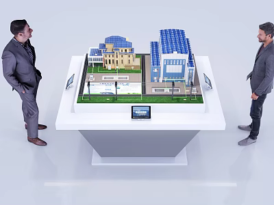 Two Men Examining Architectural Models On Display Table With Tablets And Screen 3d model
