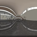 Cultural Center Interior With Exhibits Paintings Glass Display Cases Arched Ceiling And Skylights