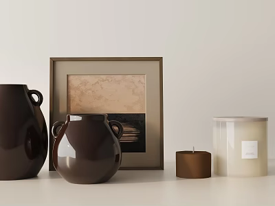 Decorative Ornament Set With Dark Brown Vases Framed Artwork Brown Candle And White Candle Jar 3d model