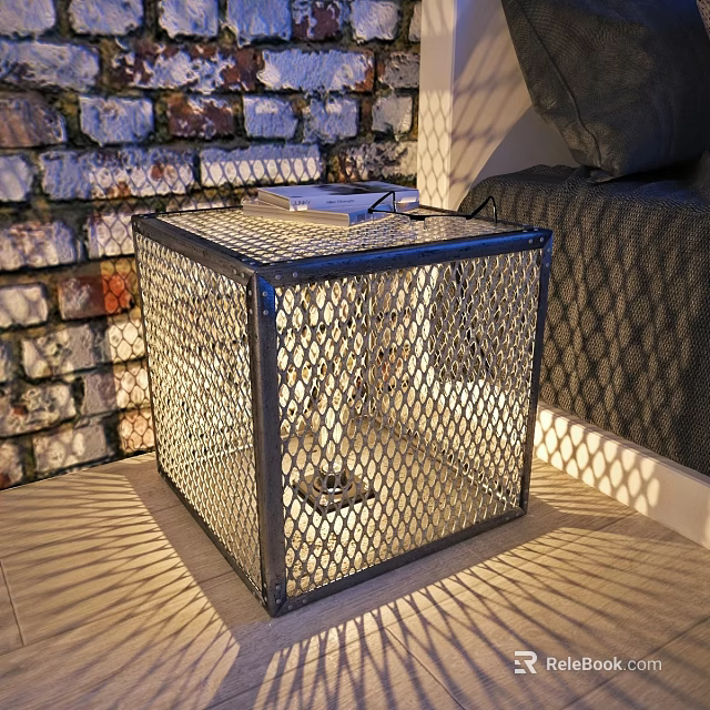 Cube Shaped Metal Mesh Floor Lamp On Sofa Side With Light Shadows And Brick Wall 3d model 
