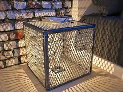 Cube Shaped Metal Mesh Floor Lamp On Sofa Side With Light Shadows And Brick Wall 3d model