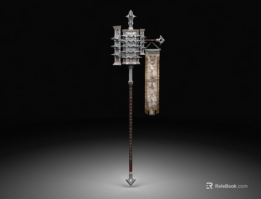 Ancient Long Handled Weapon With Intricate Top Structure And Attached Banner 3d model 