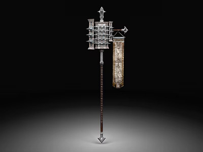 Ancient Long Handled Weapon With Intricate Top Structure And Attached Banner 3d model